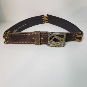 Vera Brown Suede Leather Belt Statement Buckle Boho Western Size M